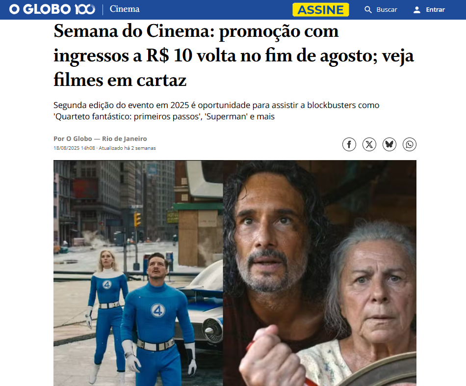 Semana do Cinema: promoção com ingressos a R$ 10 volta no fim de agosto; veja filmes em cartaz
