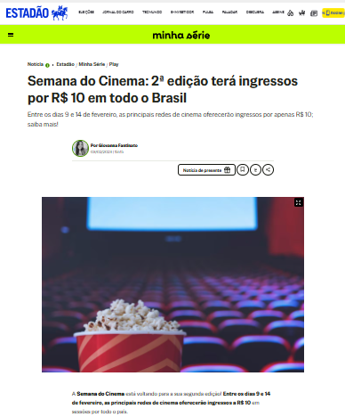 Semana do Cinema: 2ª edição terá ingressos por R$ 10 em todo o Brasil